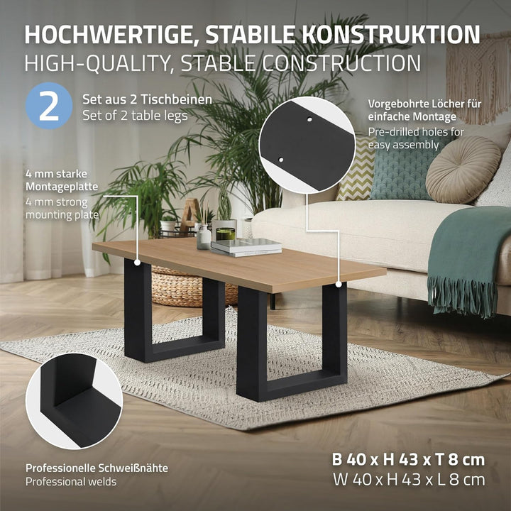 ECD Germany 2er Set Tischbeine 40x43 cm, Schwarz, Stahl pulverbeschichtet, Industriedesign, Vierkant