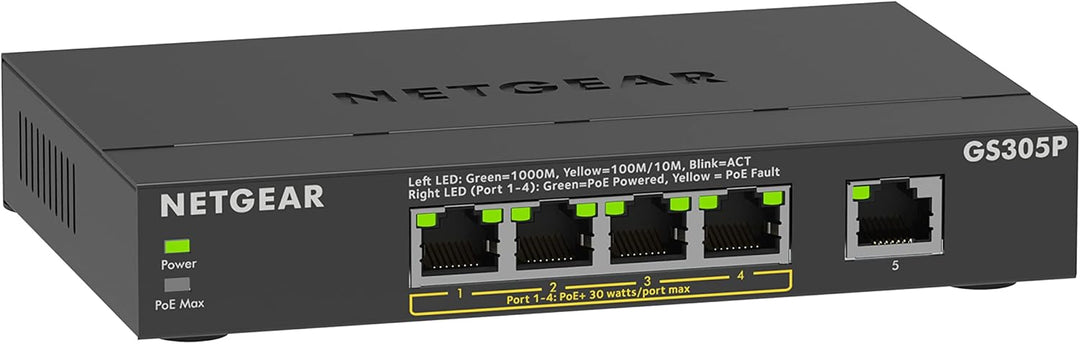 NETGEAR PoE Switch 5 Port Gigabit Ethernet LAN Switch PoE+ mit 4 Port bei 63 W (GS305P), Desktop- od
