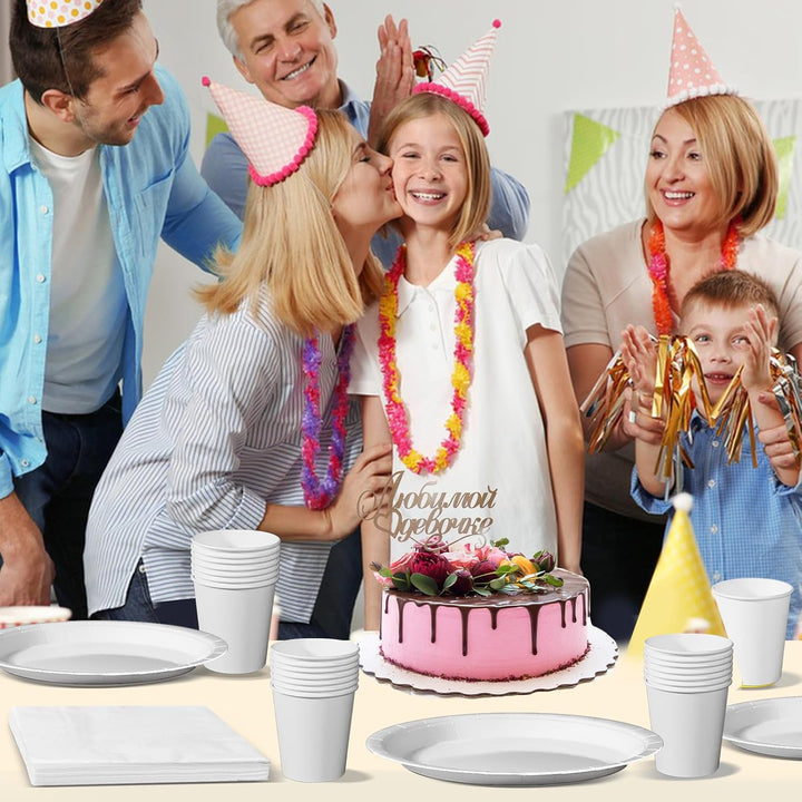 Nkaiso Weiss Partygeschirr, 96 Stück Bunt Pappteller, Party Pappteller Becher Servietten Partyteller
