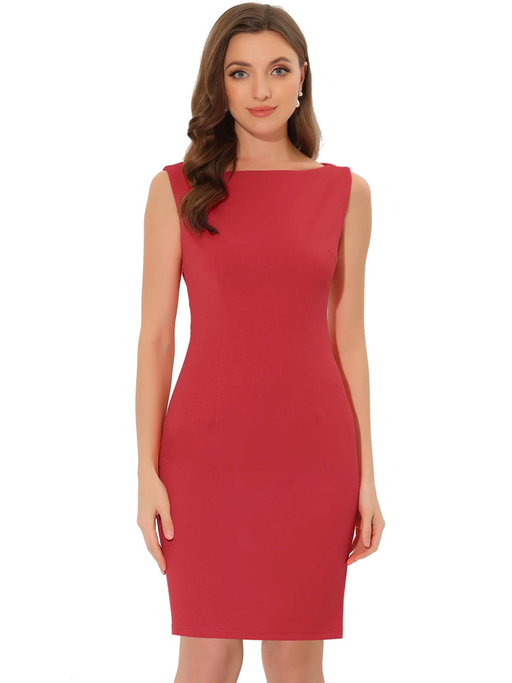 Allegra K Damen Etuikleid Ärmellos U-Boot Ausschnitt Lässig Elegant Bürokleid Kleid M Rot, M Rot