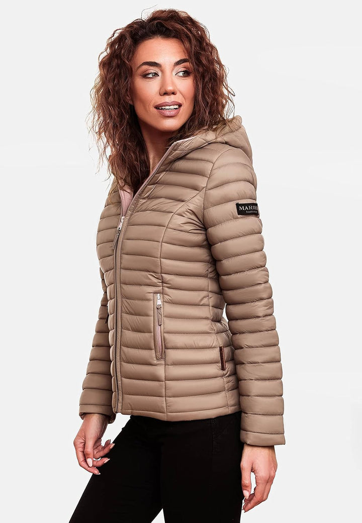 MARIKOO Damen leichte Übergangsjacke Steppjacke mit Kapuze Asraa XS-3XL XXL Taupe, XXL Taupe