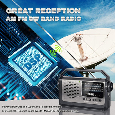 PRUNUS J-15 Kofferradio Weltempfänger Radio UKW/FM/AM/SW, Tragbares Radio Batteriebetrieben oder mit