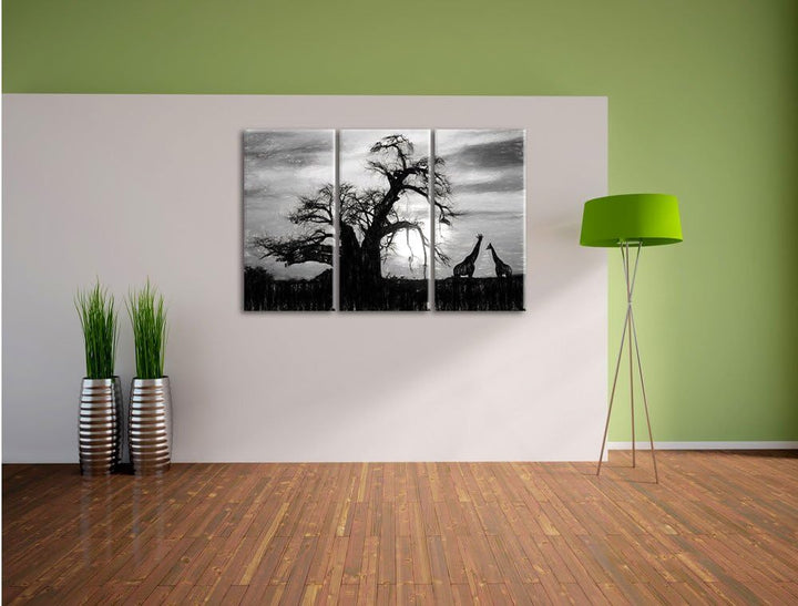 Pixxprint Zwei Giraffen in der Wüste Kohle Zeichnung Effekt 3-Teiler Leinwandbild 120x80 Bild auf Le