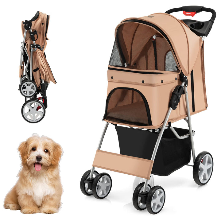 COSTWAY Hundewagen Haustiere Buggy bis 15kg, Hundebuggy mit Netzfenstern &amp; Getränkehalter &amp; Anhänger