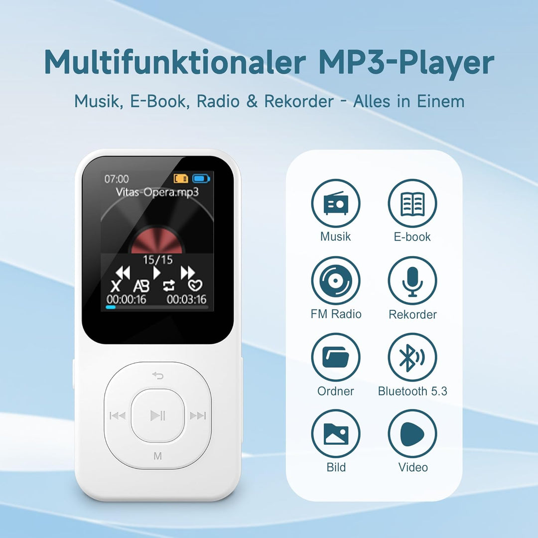 64GB MP3-Player mit Bluetooth 5.3, Tragbarer Musikplayer mit Lautsprecher, FM-Radio, Sprachrekorder,