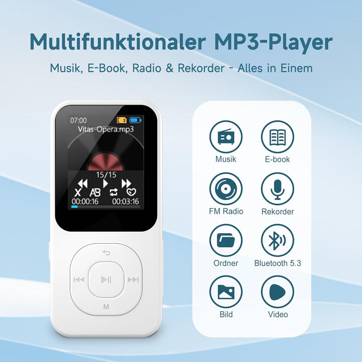 64GB MP3-Player mit Bluetooth 5.3, Tragbarer Musikplayer mit Lautsprecher, FM-Radio, Sprachrekorder,