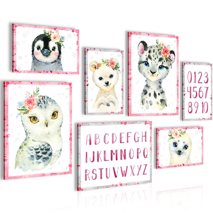 Novart Wandbilder Tiere - KOMPLETT AUFHÄNGFERTIG - Rosa Kinderzimmer Mädchen- 7 Moderne Mood-Bilder