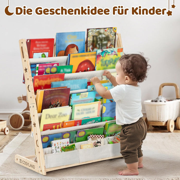 COSYLAND Bücherregal Kinder mit 6 Oxford-Stoff Fächern - Kinderbücherregal aus Naturholz - Bücherreg