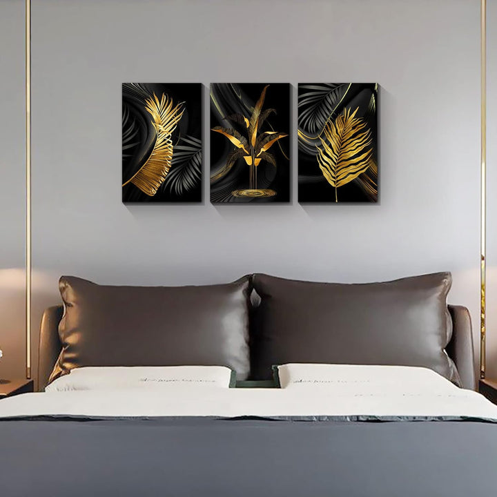 3 Teilig Goldenes Blatt Leinwandbilder Bilder Abstrakt Palmblatt Farn botanisch Blätter bild auf lei