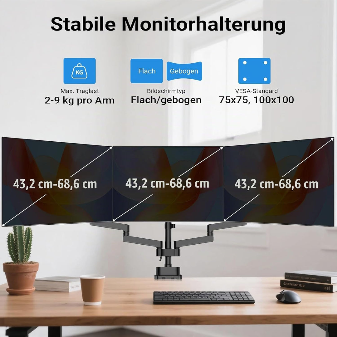 Wiltec Dreifach Monitorhalterung Schreibtisch mit 360° VESA-Platte, Bildschirmhalterung bis 9 kg pro