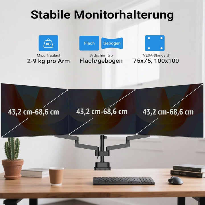 Wiltec Dreifach Monitorhalterung Schreibtisch mit 360° VESA-Platte, Bildschirmhalterung bis 9 kg pro