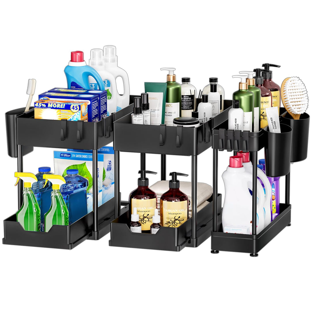 Puricon 3 Stück Ausziehbar Unter Waschbecken Regal, 2 Etagen Standregal Küche Arbeitsplatte Regal Or
