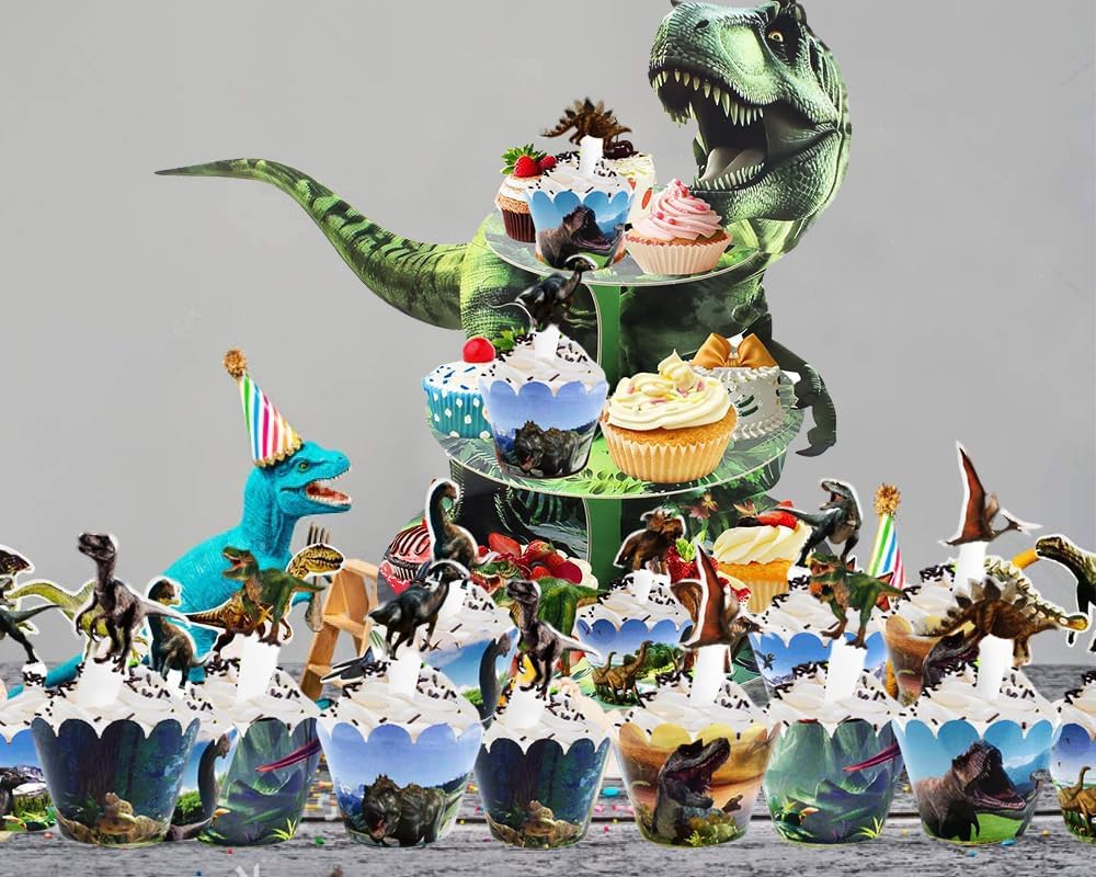 3 Tier Dinosaurier Kuchen Stand, Cupcake Turm, 12Pcs Dinosaurier Kuchen Surround Dinosaurier Thema G