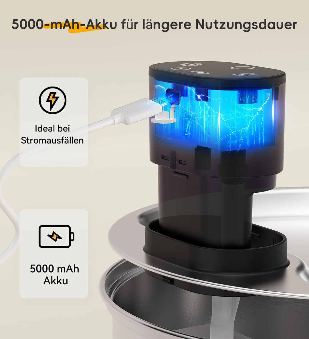 Katzenbrunnen Edelstahl, 5,5 L Trinkbrunnen für Katzen Kabellos, 5000mAh Akku Hunde mit bewegungsmel