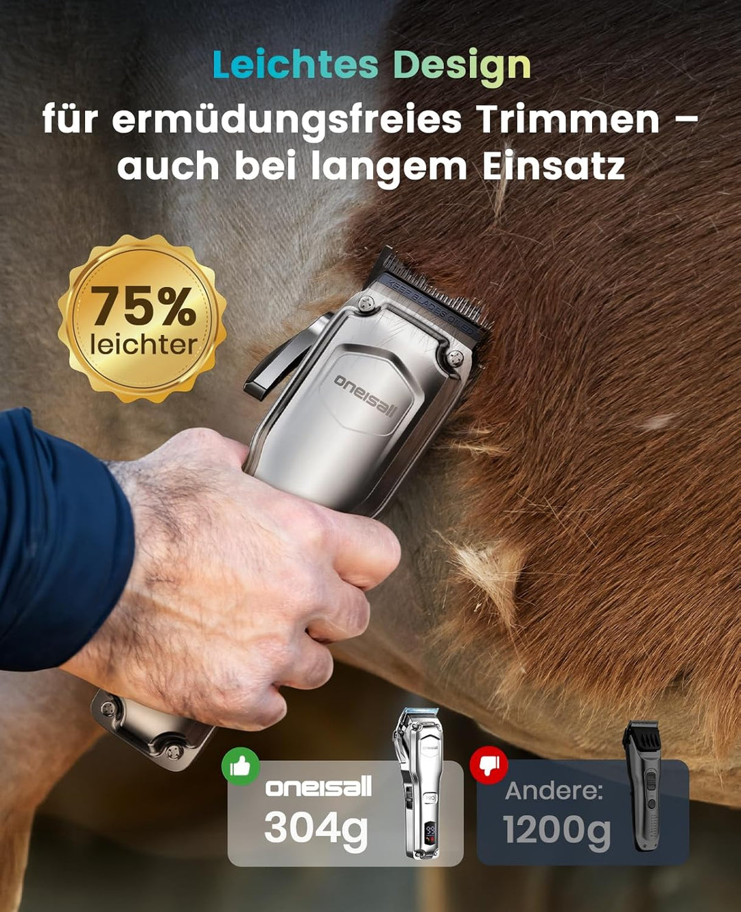 oneisall Kabellose Leise Schermaschine Pferd Hund Langhaar dickes Fell, Hundeschermaschine mit abneh