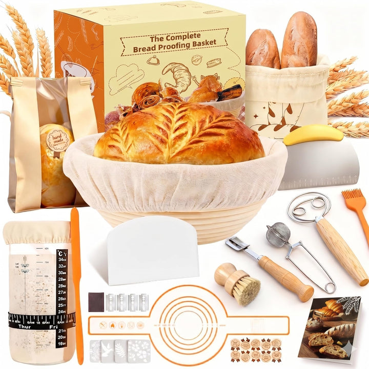 Sauerteig Starter Set 16-teilig, Gärkorb Rund 23cm Naturrattan