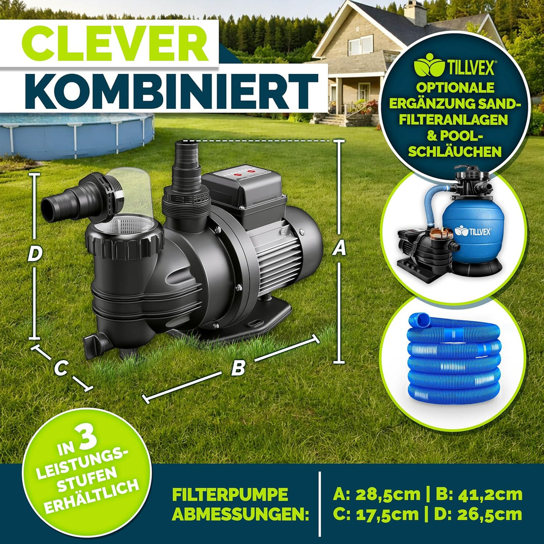 tillvex® Filterpumpe Pool mit Timer 7.000L/h &amp; 250W | Schwimmbadpumpe Förderhöhe max. 7,5m | Poolfil