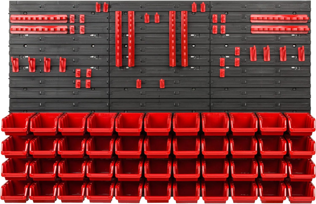 Lagersystem Werkstattregal | 117 x 78 cm | 44 stck. Box | Wandregal mit Werkzeughalterungen und Stap