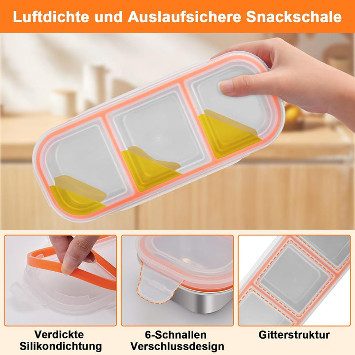 Snackbox mit 3 Fächern Edelstahl: 2 Stück Auslaufsicher Snackdose mit Deckel(600ml)-Tragbare Brotdos