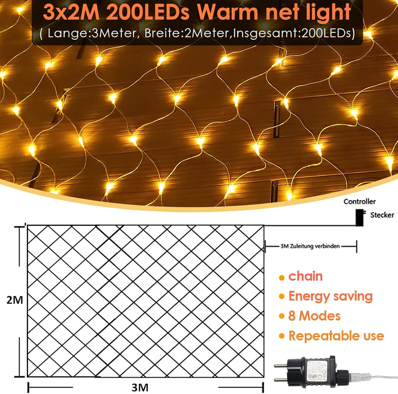 Ikodm 204 LED Lichternetz 3x2m,Warmweiss Lichterkette Netz, 8 Modi Lichterkettennetz Innen und Ausse