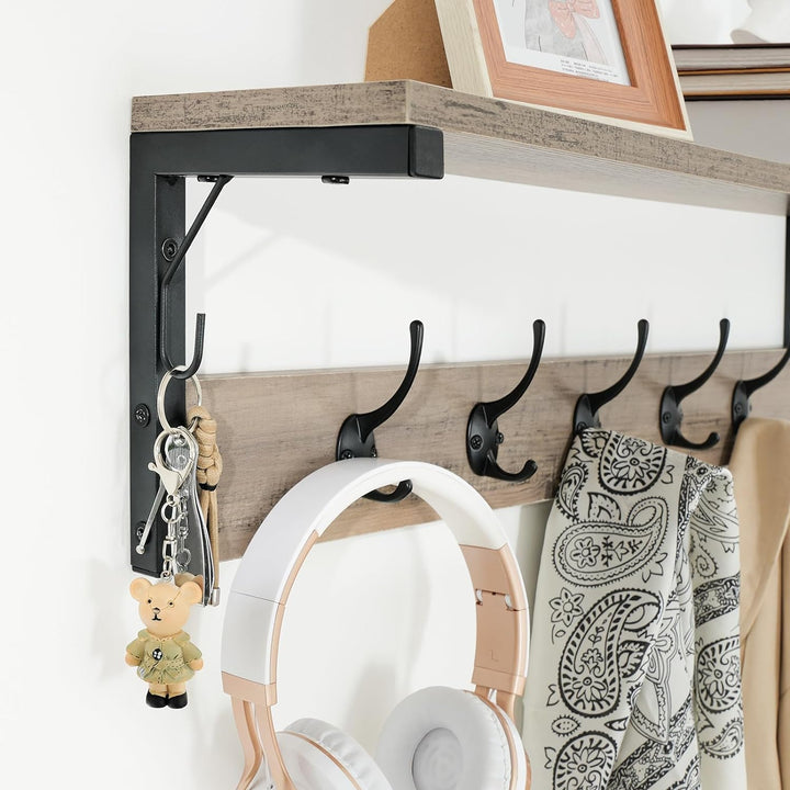 HOOBRO Wandgarderobe, Wandregal mit 7 Haken und Ablage, Hängeregal mit Garderobenleisten, Wandmontag