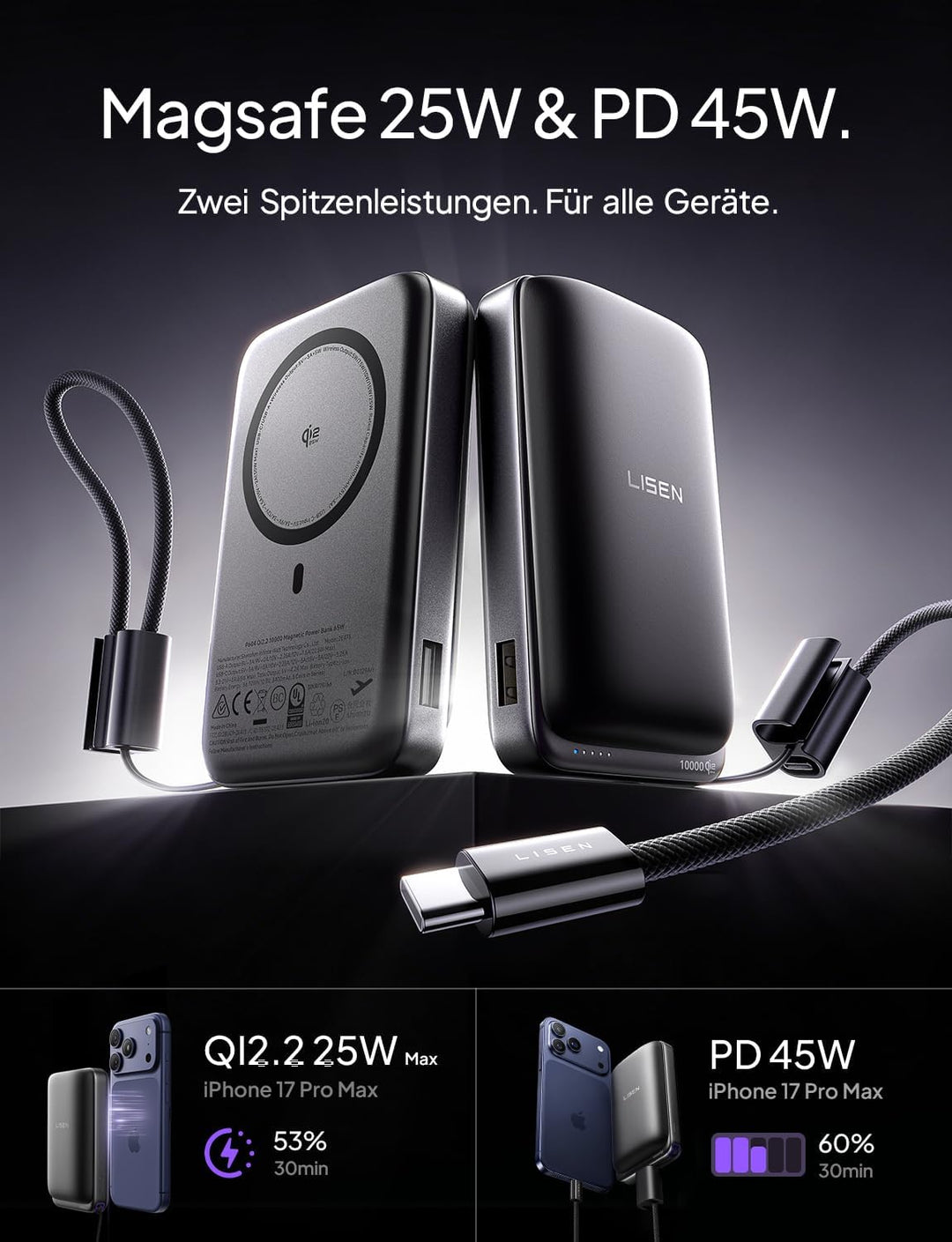 LISEN Qi2.2 25W MagSafe Powerbank, Power Bank 45W PD Schnellladen &amp;10000mah Flugzulassung, Robuster