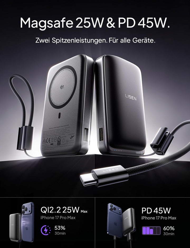 LISEN Qi2.2 25W MagSafe Powerbank, Power Bank 45W PD Schnellladen &amp;10000mah Flugzulassung, Robuster
