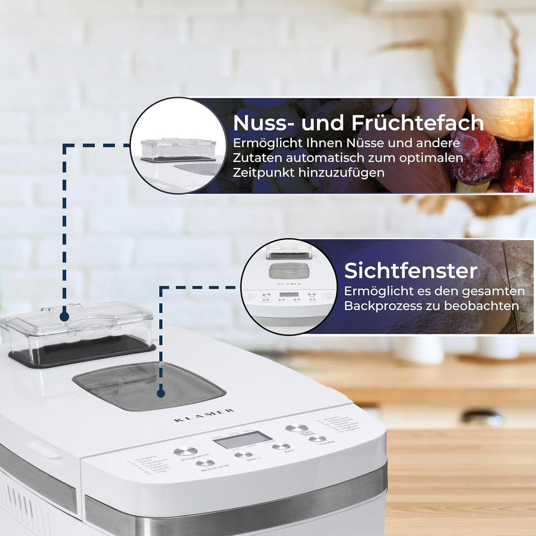 KLAMER Brotbackautomat, 14 Backprogramme, 3 einstellbare Bräunungsstufen, automatische Zubereitung v