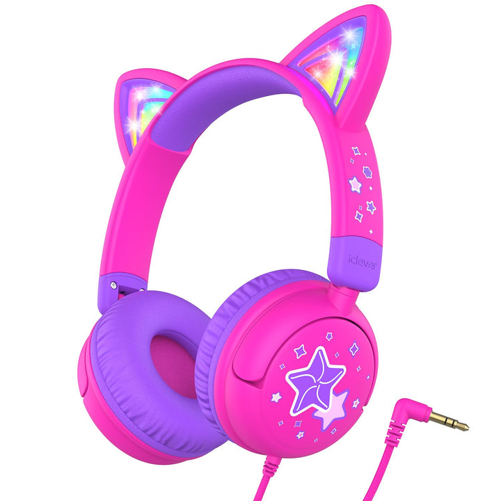 iClever Kinder Kopfhörer, LED Beleuchtetes Katzenohr, 85dBA Sichere Lautstärke, Stereo Sound, Faltba