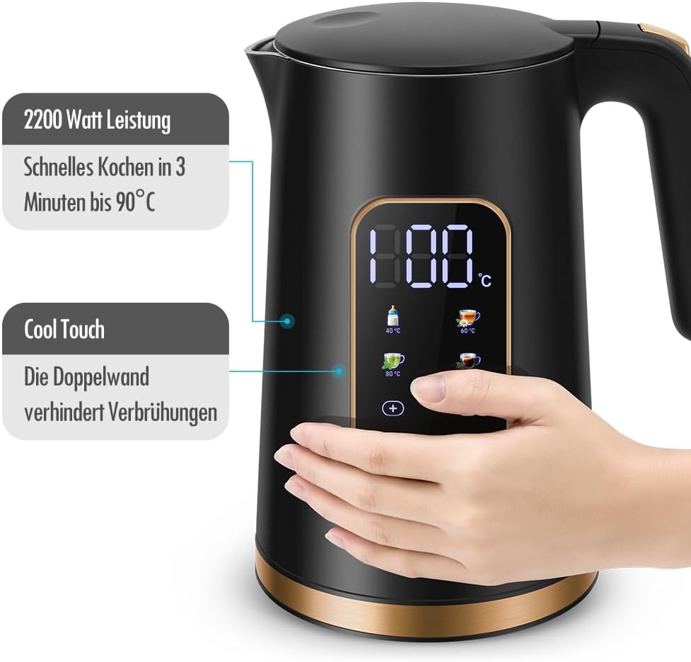 ForMe Edelstahl Wasserkocher 1,7 L mit Temperatureinstellung Temperaturwahl 40-100°C I LED Digitale