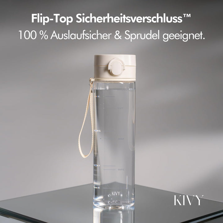KIVY Trinkflasche 1l mit Klappdeckel - Kohlensäure geeignet, Auslaufsicher, Bruchsicher, Federleicht