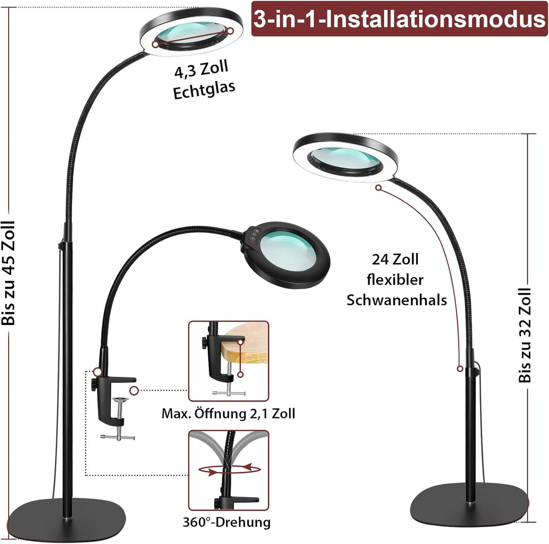 Veemagni 10X Echte Glaslinsen Lupe mit Licht und Ständer, 24" Flexible Schwanenhals-Lupe Stehlampe,