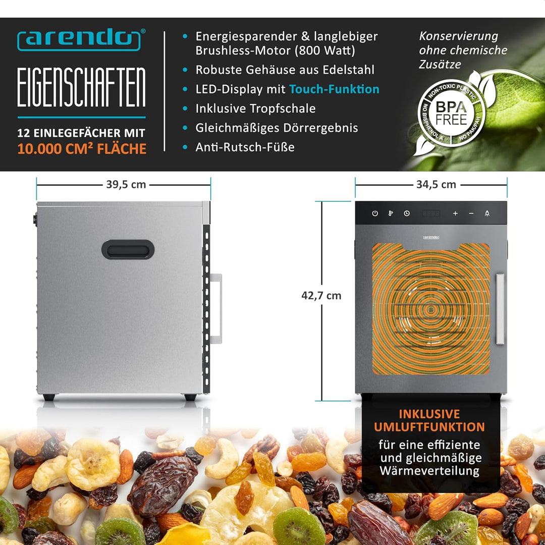 Arendo - Dörrautomat Edelstahl mit 12 Edelstahlgitter - 800 W - 30°- 90°C - 12 Edelstahl Einlegetabl