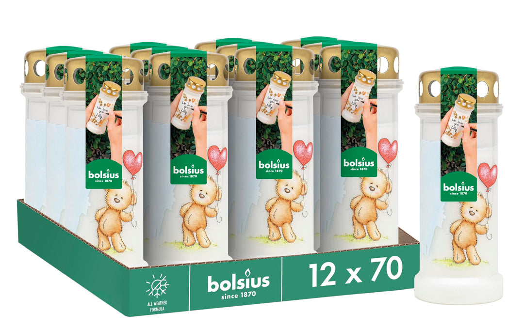 Bolsius Grablicht - Weiss mit Motiv - 12 Stk. - Teddybär - Länge Brenndauer - Trauerkerze & Gedenkst