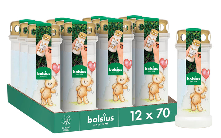 Bolsius Grablicht - Weiss mit Motiv - 12 Stk. - Teddybär - Länge Brenndauer - Trauerkerze & Gedenkst