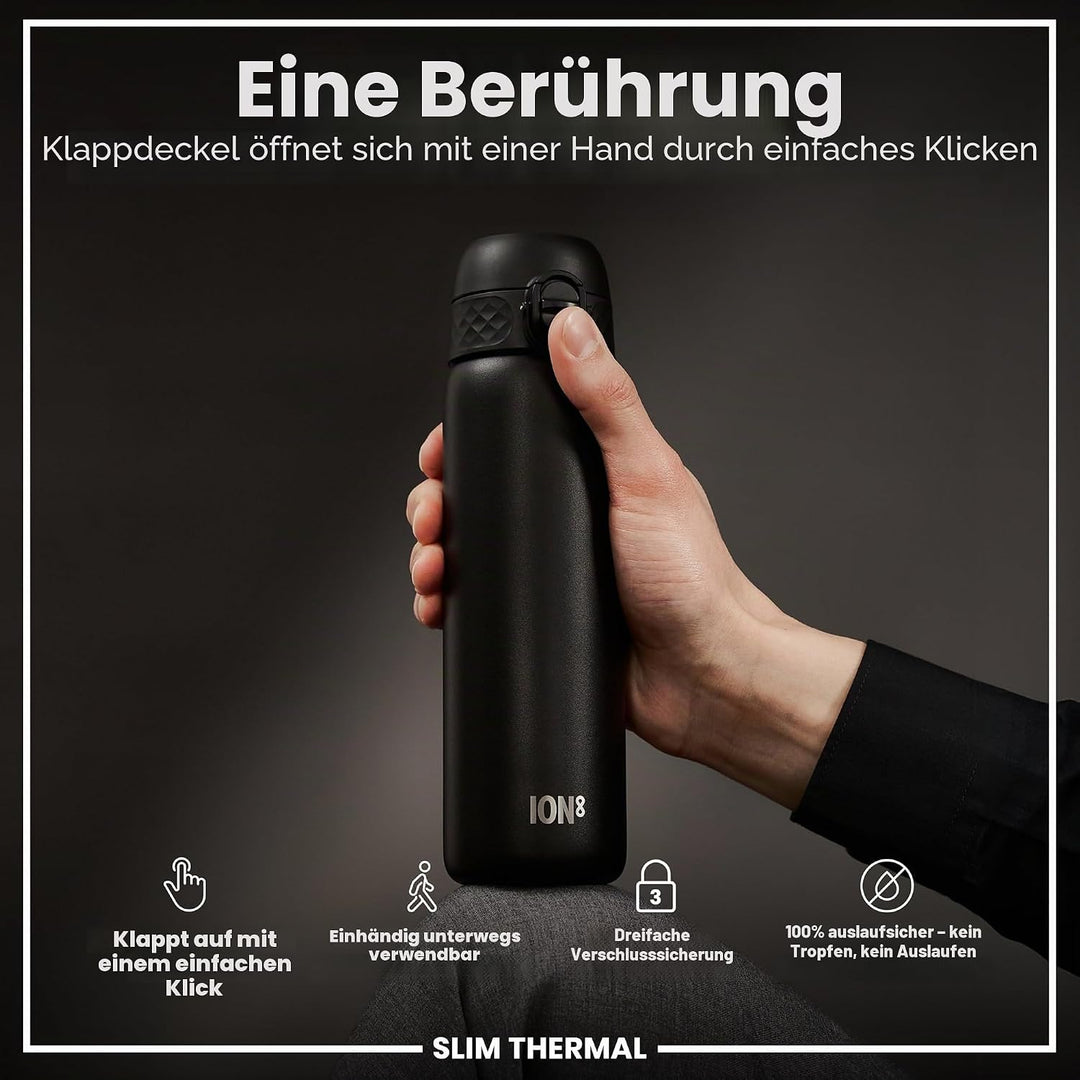 ION8 Vakuumisolierte Edelstahl-Trinkflasche, 500 ml, Auslaufsicher, Einhandöffnung, Sichere Verriege