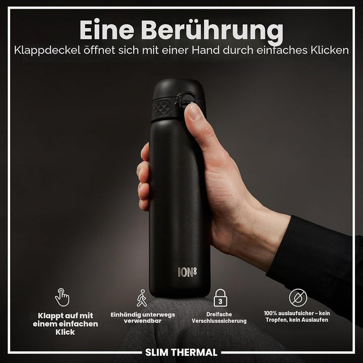 ION8 Vakuumisolierte Edelstahl-Trinkflasche, 500 ml, Auslaufsicher, Einhandöffnung, Sichere Verriege