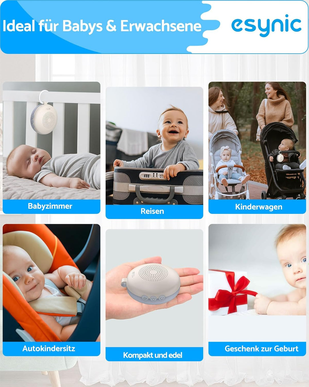 eSynic Weisses rauschen Baby Einschlafhilfe Baby & Erwachsene Tragbare White Noise Machine mit Nacht