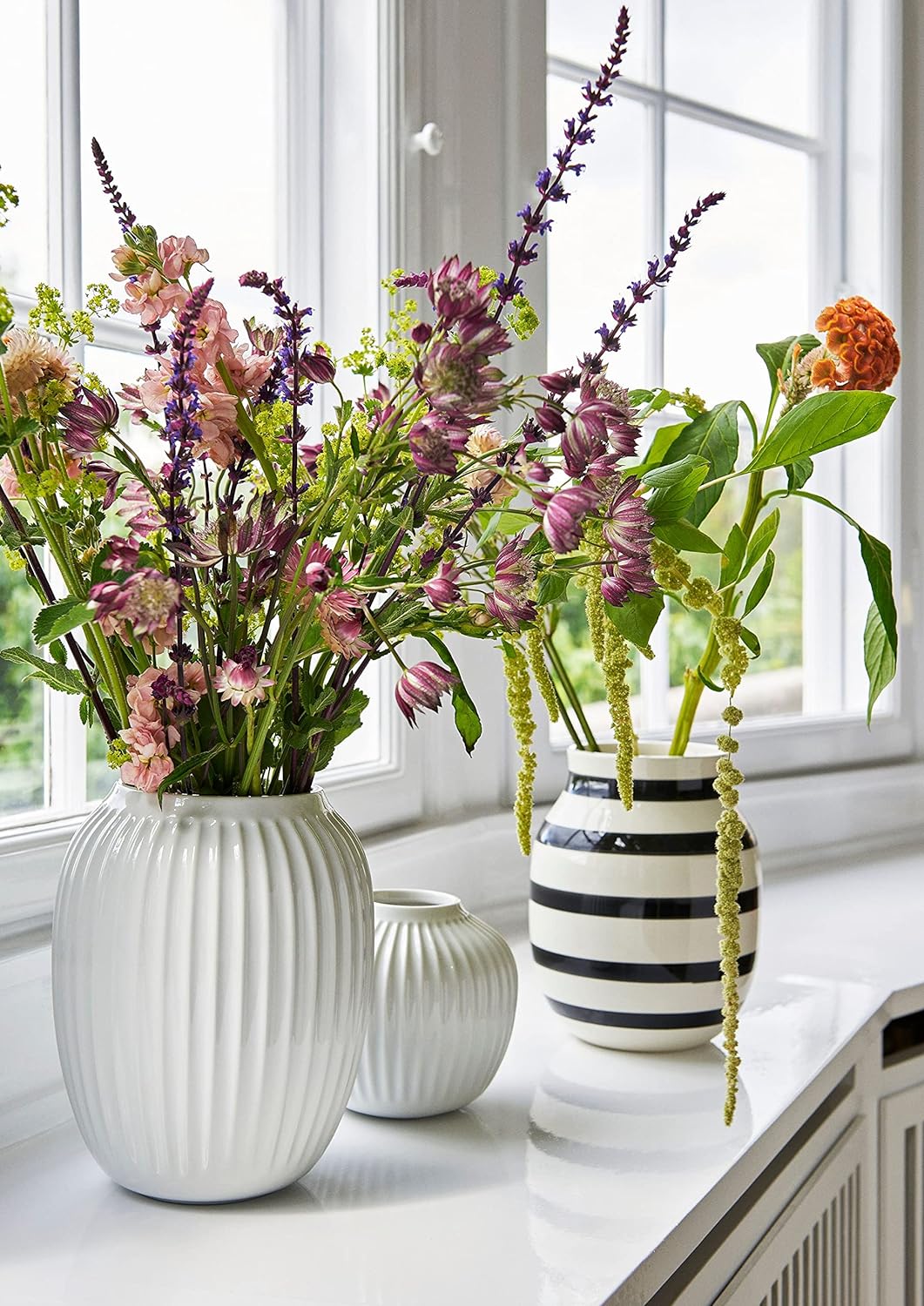 Kähler Vase H31 cm Omaggio Originaldesign mit handgemalte Streifen, Weiss Perlmutt H31 cm, Perlmutt
