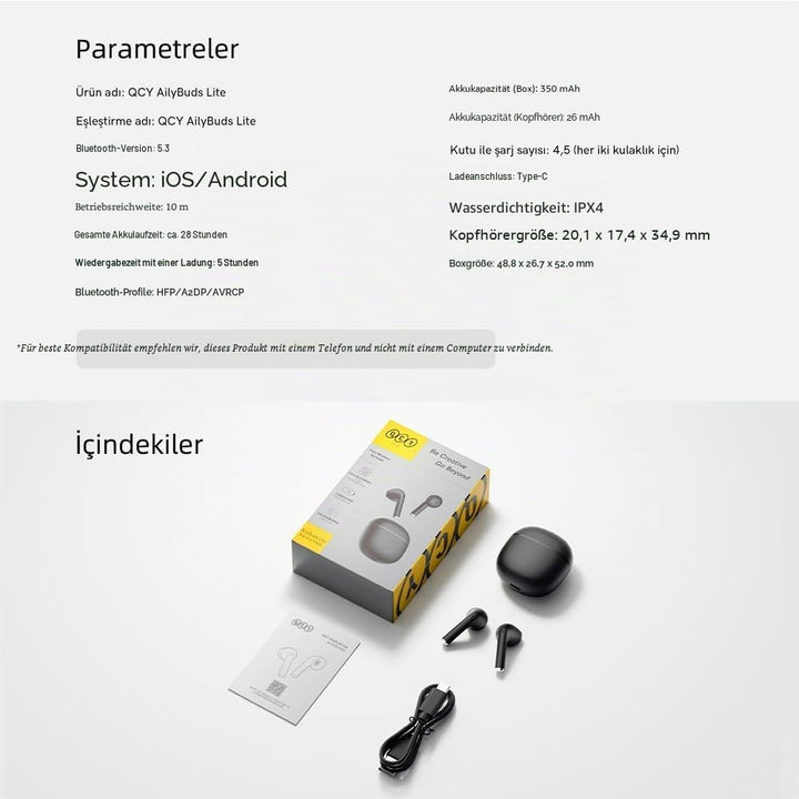 QCY AilyBuds Lite ENC Noise Cancelling Bluetooth 5.3 Wireless Kopfhörer - Schwarz