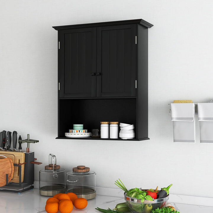GOPLUS Hängeschrank Bad, Badschrank Holz mit verstellbarem Regal, Wandschrank hängend, Badezimmersch
