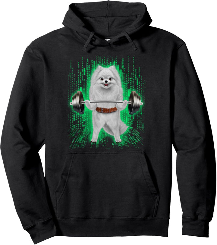 Pommerscher Hund, der Gewichte im Cyber-Fitnessstudio hebt Pullover Hoodie