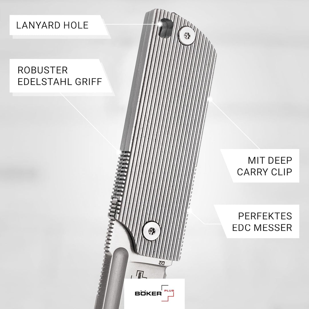 Böker Plus® BabyX Flipper Steel - kugelgelagertes EDC Mini Taschenmesser mit D2 Sheepfoot Klinge - k