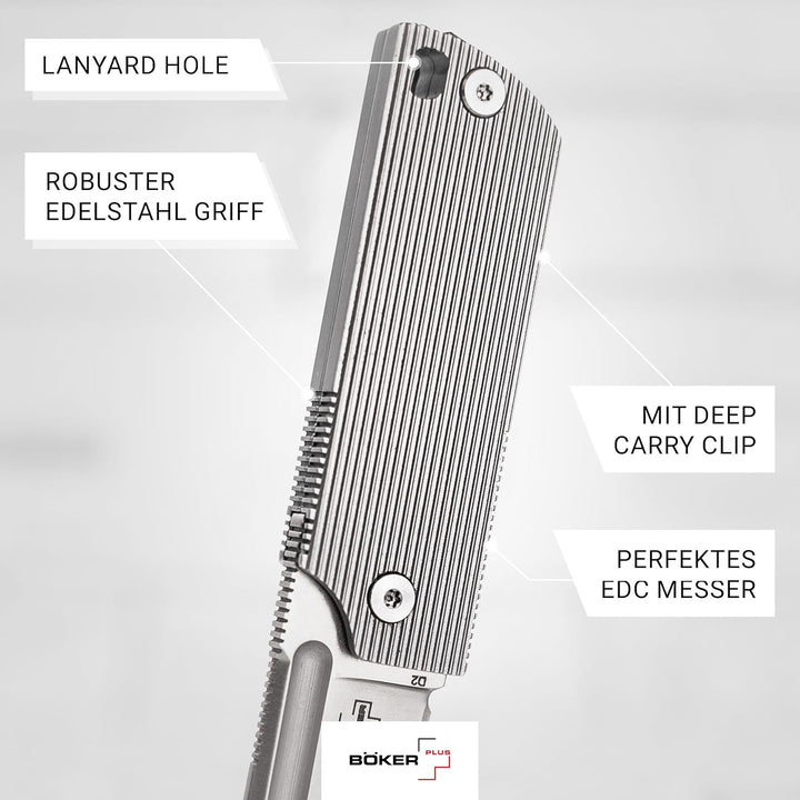 Böker Plus® BabyX Flipper Steel - kugelgelagertes EDC Mini Taschenmesser mit D2 Sheepfoot Klinge - k