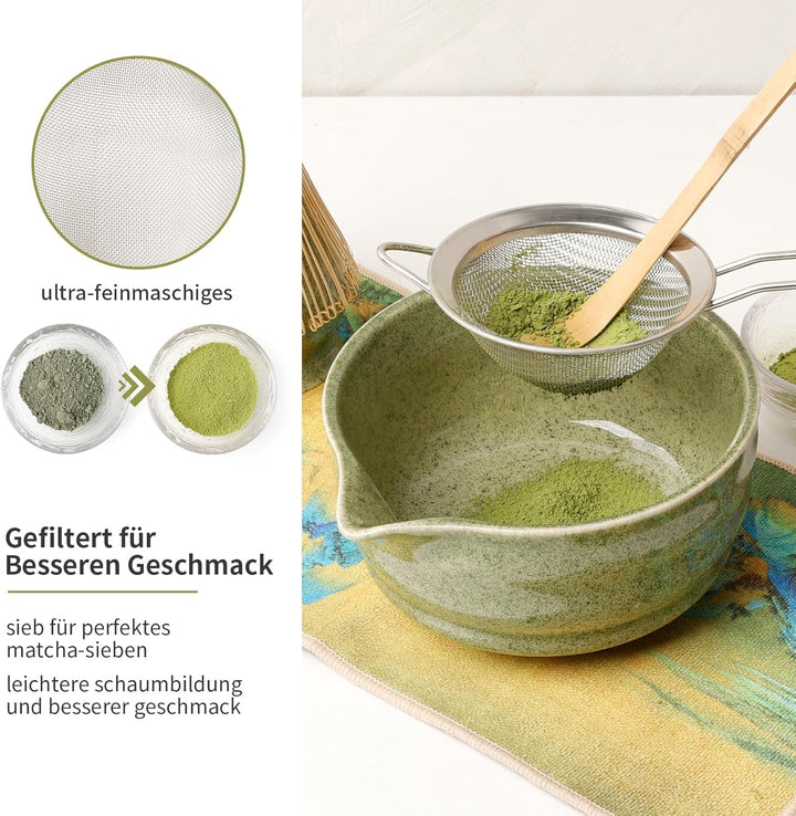 Matcha Set 7-Teilig, Japanisches Teezeremonie Set mit Keramikschale Bambus Besen, Sieb, Löffel, Halt