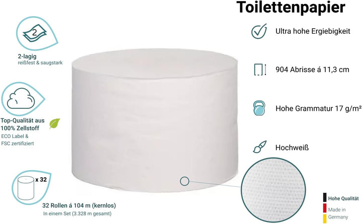 Toilettenpapier kernlos SET, 36 Rollen, 2-lagig, 104m je Rolle, Zellstoff, wasserlöslich - 1 Set, 1