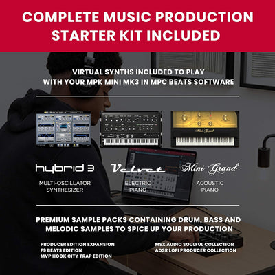 AKAI Professional Midi Controller + Sustain Pedal Bundle - MPK Mini MK3 Black USB-MIDI-Keyboard Cont