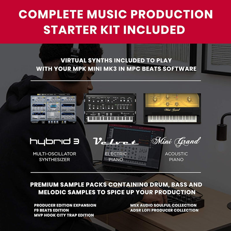 AKAI Professional Midi Controller + Sustain Pedal Bundle - MPK Mini MK3 Black USB-MIDI-Keyboard Cont