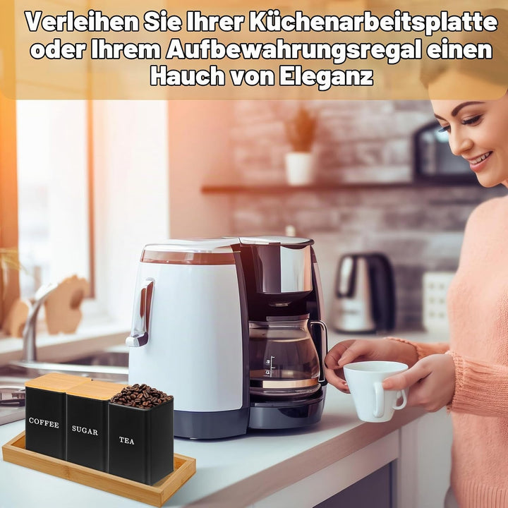 Kaffee Tee Zucker Set, 1000ml 3 Tee Kaffee Zucker Dosen, Dosenbehälter mit versiegeltem Bambusdeckel