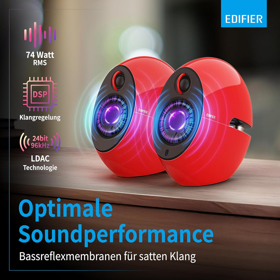 EDIFIER Luna E25 Design-Lautsprecherset mit Bluetooth (74 Watt), rot rot glänzend, rot glänzend